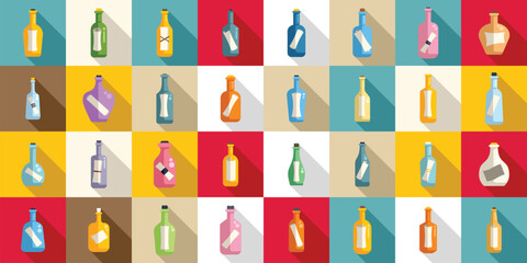 Message in the bottle icons set flat vector. Paper cork. Glass empty sea