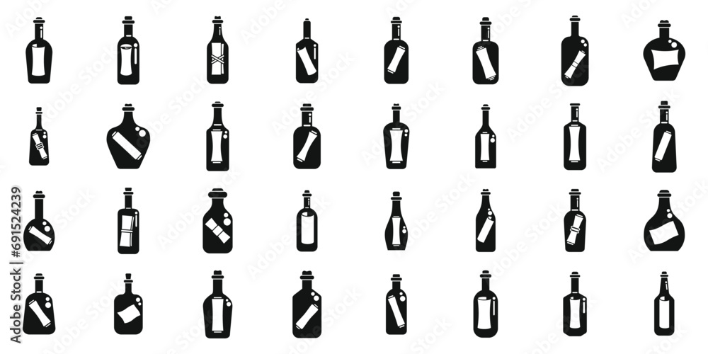 Aufkleber message in the bottle icons set simple vector. paper cork. glass empty sea