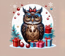 Template Christmas card funny owl in glasses on background of gifts and Christmas tree balls. Cartoon style greeting card.
