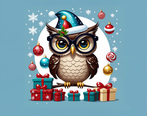 Template Christmas card funny owl in glasses on background of gifts and Christmas tree balls. Cartoon style greeting card.
