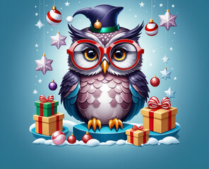 Template Christmas card funny owl in glasses on background of gifts and Christmas tree balls. Cartoon style greeting card.