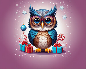 Template Christmas card funny owl in glasses on background of gifts and Christmas tree balls. Cartoon style greeting card.