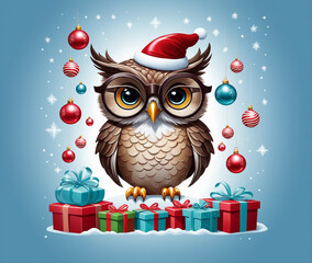 Template Christmas card funny owl in glasses on background of gifts and Christmas tree balls. Cartoon style greeting card.