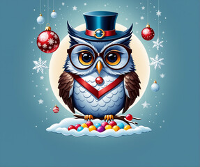 Template Christmas card funny owl in glasses on background of gifts and Christmas tree balls. Cartoon style greeting card.