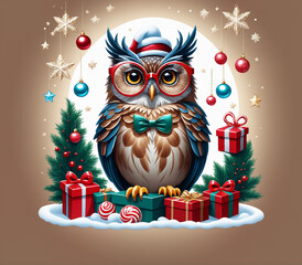 Template Christmas card funny owl in glasses on background of gifts and Christmas tree balls. Cartoon style greeting card.