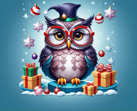 Template Christmas card funny owl in glasses on background of gifts and Christmas tree balls. Cartoon style greeting card.