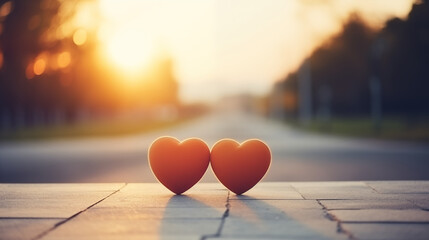 Two Red Hearts on Sidewalk Against Blurred Road and Sunset - obrazy, fototapety, plakaty