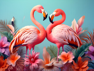 llustration of tropical wallpaper design with Tropical flowers, plants, leaves and flamingos 