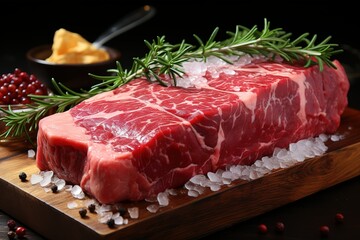 a slice of beef on a wooden board with herbs and spices - obrazy, fototapety, plakaty