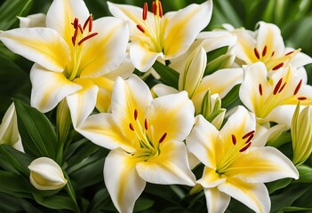Fototapeta na wymiar Beautiful lilies on white background, top view