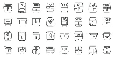 Air fryer icons set outline vector. Fry bakery cook. Healthy chip food