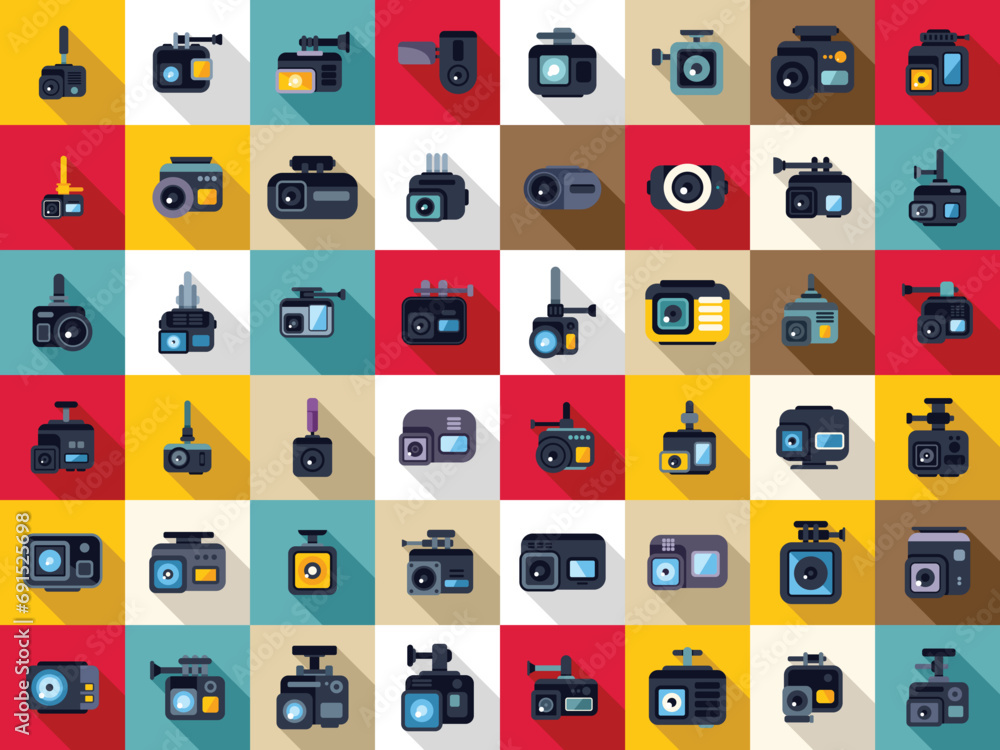 Poster camera go pro icons set flat vector. action camera. cam web hero
