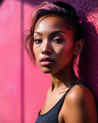 Fototapeta premium Young diverse woman against a vibrant colored wall