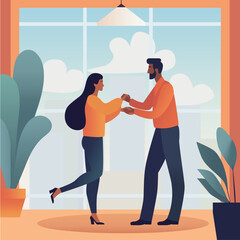 A couple of man and woman dancing in a room in front of window. Flat design illustration, no face