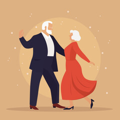 Elder couple dancing. Senior man and woman dance in a room. Flat design no face illustration