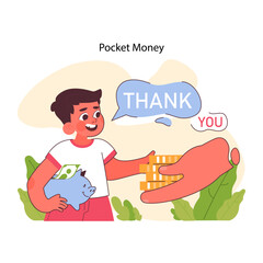 Pocket money concept. Delighted boy receives allowance, expressing gratitude. Holding piggy bank with savings. Child gets money from parents and relatives. Financial literacy. Flat vector illustration