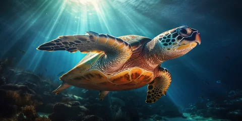 Tuinposter Sea turtle multicolored deep underwater is sunny rays. Ocean life, wildlife. Conservation species and population © svetlana_cherruty