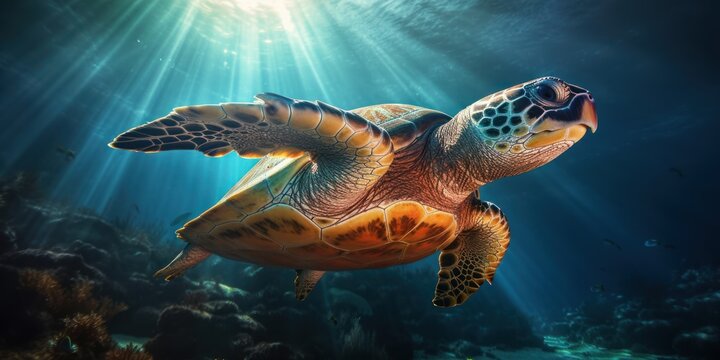 Sea turtle multicolored deep underwater is sunny rays. Ocean life, wildlife. Conservation species and population