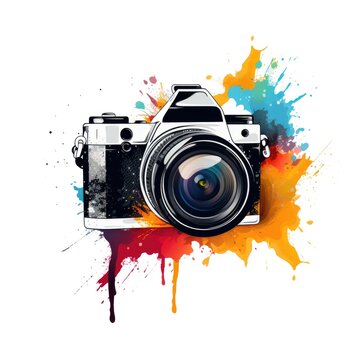 Simple graphic logo of color photo camera with splashes on white background.