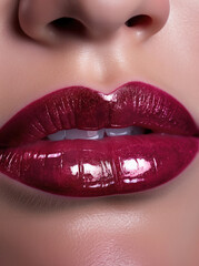 Obraz premium Juicy lips with gloss and cherry coloured lipstick close-up