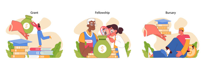 Scholarship types set. Exploring various financial aid forms for scholars and students. Grant, fellowship, and bursary differences. Educational investment for bright futures. Flat vector illustration