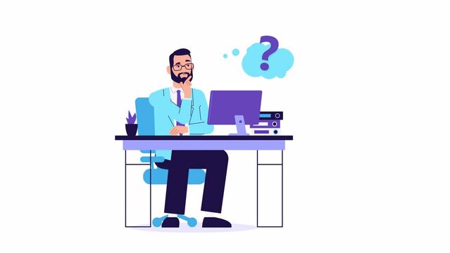 Businessman character animation, Eureka concept. Male thinking and looking for answer, question mark, confused, puzzled. office worker, manager, clerk character. Inspiration, great idea, light bulb
