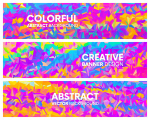 Set of colorful bright triangular geometric banners. Trendy artistic design for header, poster, flyer, cover or invitation. Modern psychedelic rainbow graphic template design. Vector illustration