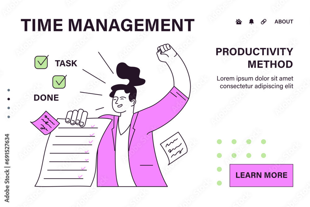 Poster employee efficiency web or landing. business employee productive multitasking. time management and w