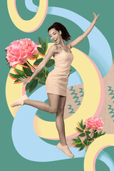Creative 3d photo graphics collage painting of excited carefree lady dancing having fun isolated drawing background