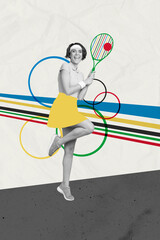 Vertical collage creative poster excited happy lady play tennis sportive sportswoman exercise...