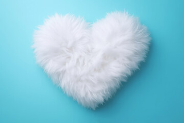 A fluffy white fur heart shape with a soft texture on baby blue minimal background - obrazy, fototapety, plakaty