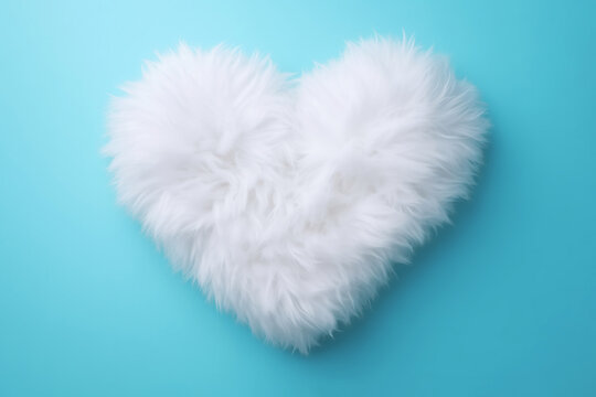 A fluffy white fur heart shape with a soft texture on baby blue minimal background