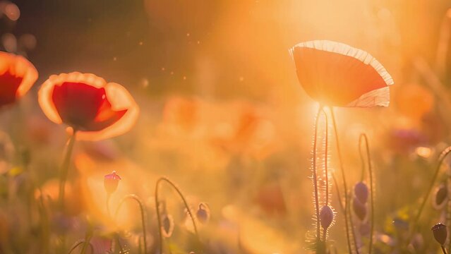Poppy field at sunset. Beautiful magical sunlight and poppies moving in the wind. Red poppies and other wildflowers in sunset light. Summer nature concept. Concept: nature, spring, biology, fauna, env