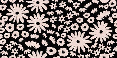 Flower seamless background. Minimalistic abstract floral pattern. Modern print in black and white background. Ideal for textile design, wallpaper, covers, cards, invitations and posters.