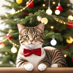 funny festive New Year's tabby cat, cute cat dressed in a red bow tie