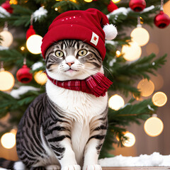 funny festive New Year's tabby cat, cute cat dressed in a hat and scarf