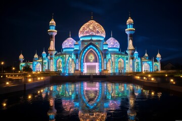 Fototapeta na wymiar Ramadan Nights - Colorful Adorned Mosques Welcoming Devotees