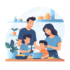 a scene of a family cooking together in the kitchen, showcasing the warmth, cooperation, and joy of shared domestic activities in flat design.