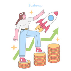 Scale-up concept. Ambitious woman atop coin stacks, aiming higher as her business soars with rocket power. Financial growth and enterprise ascension depicted. Flat vector illustration.