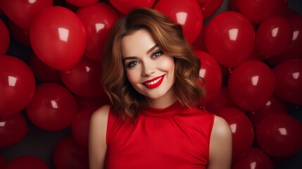 Obraz na płótnie Canvas Happy yound and beautiful woman with heart-shaped red baloons