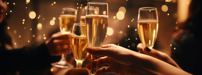 Holiday Party Toast. People making a toast with glasses of champagne, blurred background. Christmas or New Year's eve party. - obrazy, fototapety, plakaty