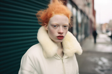 Albino woman portrait with a city scene background