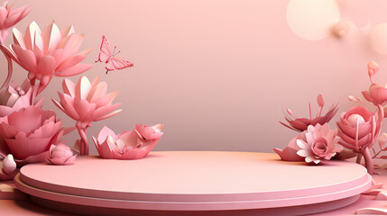 Pastel Elegance: 3D Pink Podium and Floating Flower Background, an Artistic Vector for Product Display, Presentation, and Advertising. A Blank Product Stand Bathed in Soft Hues, Creating a Serene and 