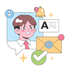 Digital notification concept. Man with webpage elements, new email alert, user profile, and approved tick. Online communication and updates. Flat vector illustration.