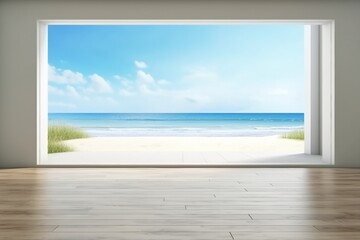Sea view large living room of luxury summer beach house with empty wooden floor. Interior 3d illustration in vacation home or holiday villa. generativer ai.