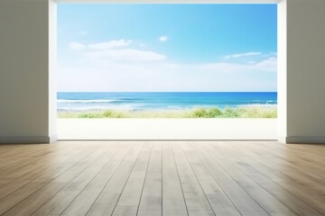 Sea view large living room of luxury summer beach house with empty wooden floor. Interior 3d illustration in vacation home or holiday villa. generativer ai.