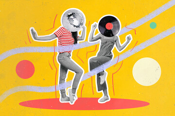 Composite illustration picture poster two dancing girls friends have fun headless discoball vinyl...