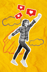 Vertical collage creative illustration excited young man jump fly paint mantle cloud sketch like reaction crumpled paper yellow background