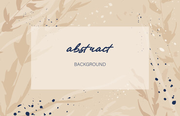 Neutral template with beige pastel leaves, dots and abstract elements on a soft light background. Use it as a web banner, background, blank for advertising, sale promotion or presentation.