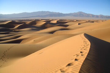 Fototapeta na wymiar human footprints in the desert. Neural network AI generated art